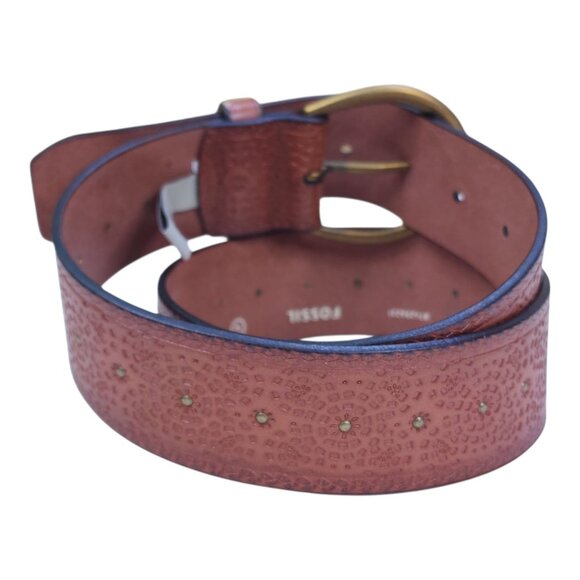 Fossil Boho Embossed Leather Belt Brass Buckle Brown Fits Waist 31-35" 1.75" - Picture 3 of 12